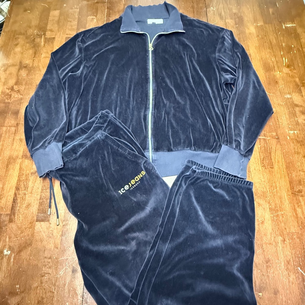 Iceberg Icejeans Tracksuit Men 2XL Navy Blue Velour Zip Jacket Joggers Italy